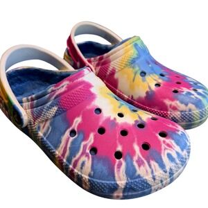 Crocs Classic Lined Tie Dye Clogs Womens 7 Mens 5 Blue Fuzzy Fur Multi-Color